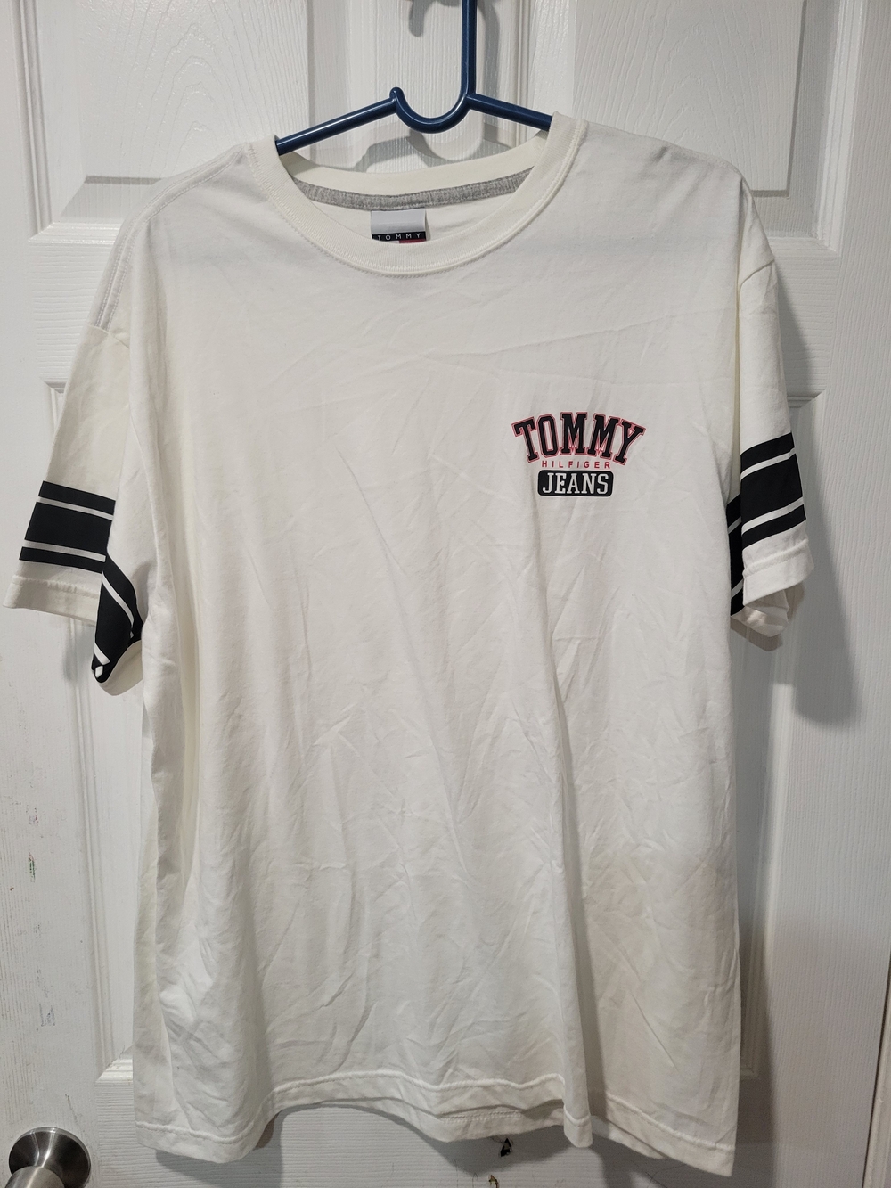 Tommy Hilfiger White Short-Sleeve Tee with Black Sleeve Stripes